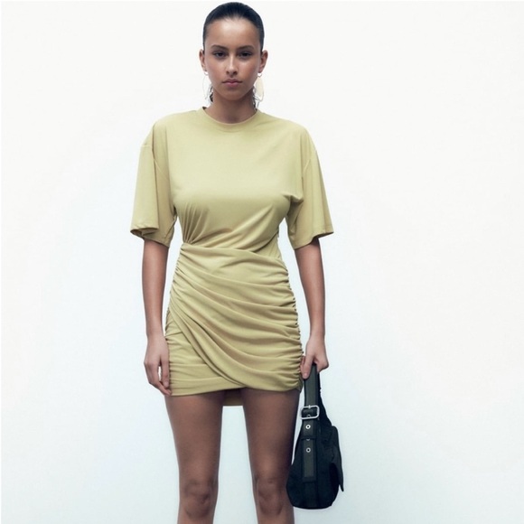 Zara Dresses & Skirts - Zara Short Sleeve Yellow Draped Mini Dress Ruched Side Zip Womens Size XS